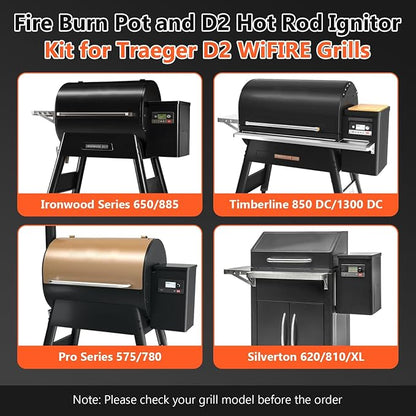 QuliMetal Fire Burn Pot & D2 Hot Rod Ignitor for Traeger Pro 575 & 780 | Fire Pot for Traeger Ironwood 650 & 885 Silverton 620 & 810 Wood Pellet Grills with D2 Direct Drive & WiFIRE Technology