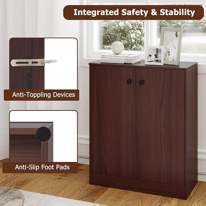 Giantex 2 Door Storage Base Cabinet (Brown) | 3-Tier Base Cabinet with Non-Slip Foot Pads, Kitchen Cupboard Storage Organizer for Living Room, Hallway, Entryway, Office