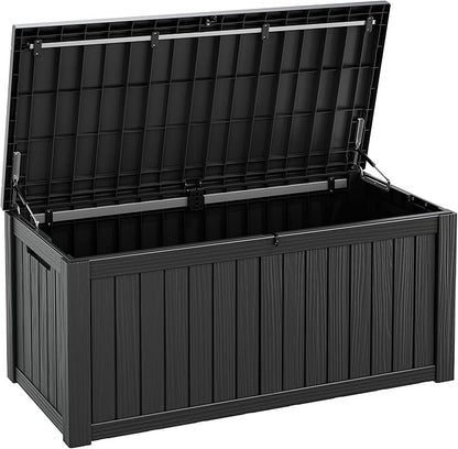 Fancyango 150 Gallon Outdoor Deck Box Waterproof, Large Storage Box for Patio, Resin Storage Bench Lockable for Garden Tools, Package Delivery, Black