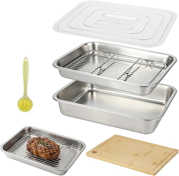 ZALIR Grilling Prep & Serve Trays Kit - 15.7 x 11.8 in Large Capacity Stainless Steel Pans with Lid, Rack, Cutting Board, Tongs, Brush for BBQ, Outdoor Cooking