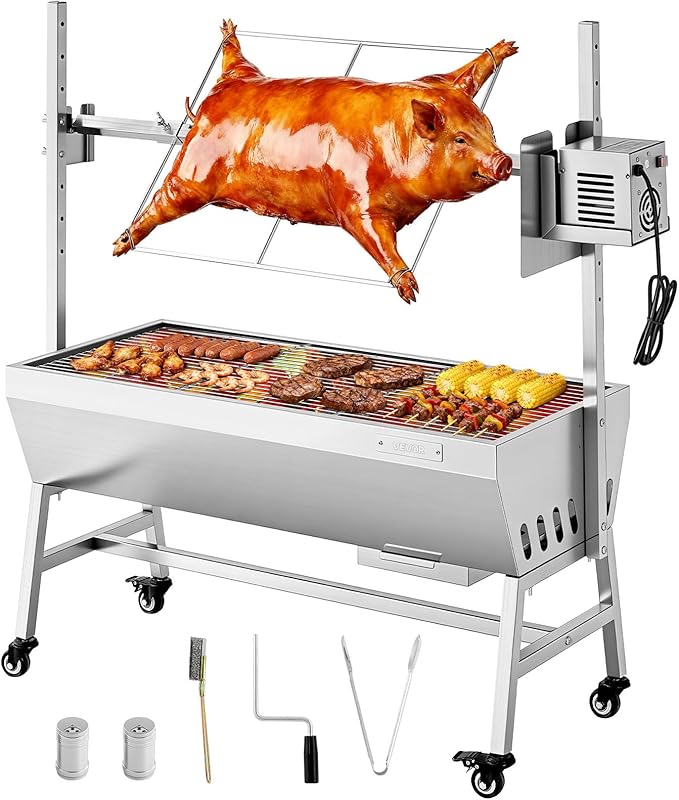 VEVOR Rotisserie Grill, 38W Stainless Steel BBQ Outdoor Pig & Lamb Spit Roaster, 132 LBS Capacity Charcoal Spit Roaster with Wheels & 7-Level Height, Electric Rotisserie Grill Kit for Camping Outdoor
