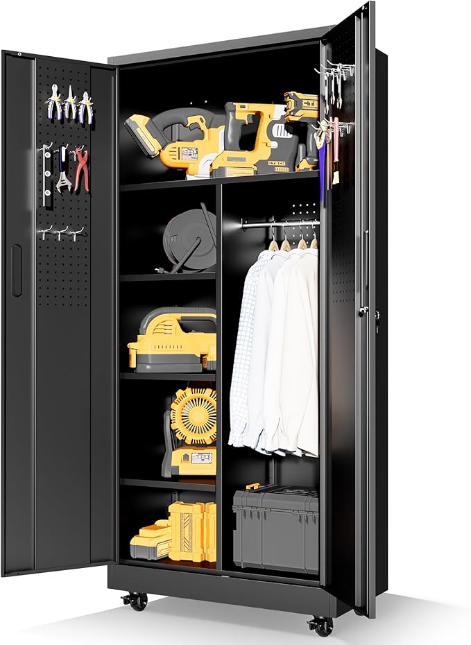 Metal Garage Storage Cabinet with Pegboard and Hanging Rod, 71'' Tall Metal Broom Closet Storage Cabinets, Rolling Tool Cabinet on Wheels for Garage, Utility Room (Black)