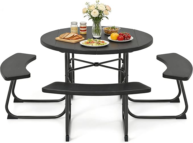 COSTWAY Round Picnic Table with Umbrella Hole, Outdoor Picnic Table with Bench Set for 4-8 People, HDPE Tabletop, Patio Dining Furniture Set for Family Gatherings, BBQ Party, Backyard (Black)