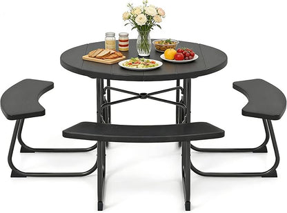 COSTWAY Round Picnic Table with Umbrella Hole, Outdoor Picnic Table with Bench Set for 4-8 People, HDPE Tabletop, Patio Dining Furniture Set for Family Gatherings, BBQ Party, Backyard (Black)