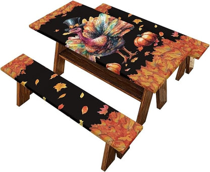 Thanksgiving 3 Piece Fitted Picnic Table Cover for Camping Party Supplies Turkey Pumpkin Maple Leaf Camping Tablecloth with Elastic Band