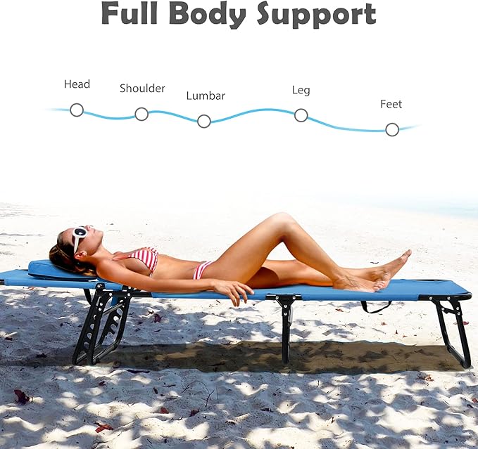 Folding Beach Lounge Chair w/ 5 Adjutable Backrest & Padded Pillow, Sunbathing Lounger Chair, Sun Tanning Lay Flat Chair for Seaside Pool Deck, Max Load 330 LBS, No Assembly Required (Blue)