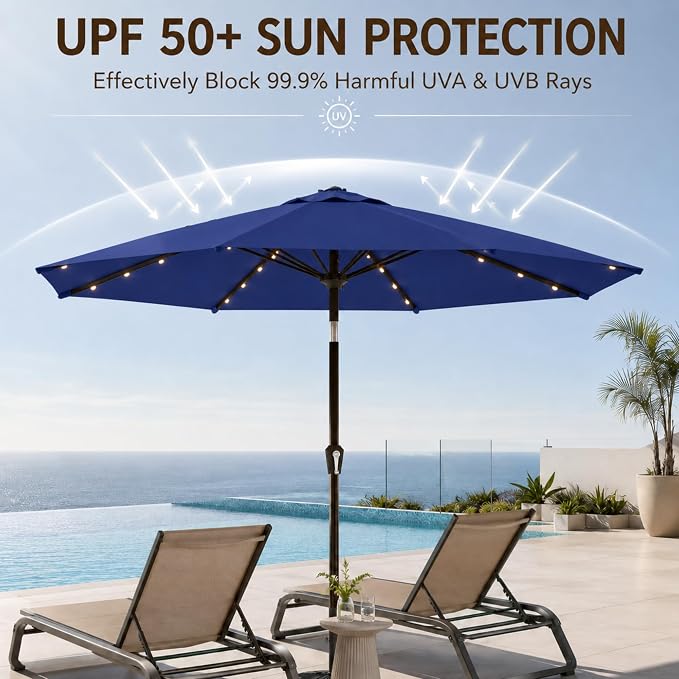 10FT Solar Lighted Patio Umbrella, Outdoor Table Market Umbrellas with Push Button Tilt and Crank, 32 LED Lights, 8 Sturdy Ribs, UV-Resistant for Deck, Garden, Pool