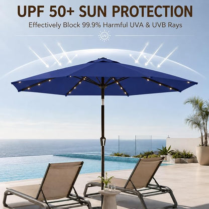 10FT Solar Lighted Patio Umbrella, Outdoor Table Market Umbrellas with Push Button Tilt and Crank, 32 LED Lights, 8 Sturdy Ribs, UV-Resistant for Deck, Garden, Pool