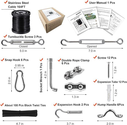 Outdoor String Light Hanging Kit Includ 164 FT Nylon Rope Cable | 304 Stainless Steel Turnbuckle & Hooks,Globe Light Suspension Kits,Patio Lights Guide Wire,Enough Accessories,Use Manual