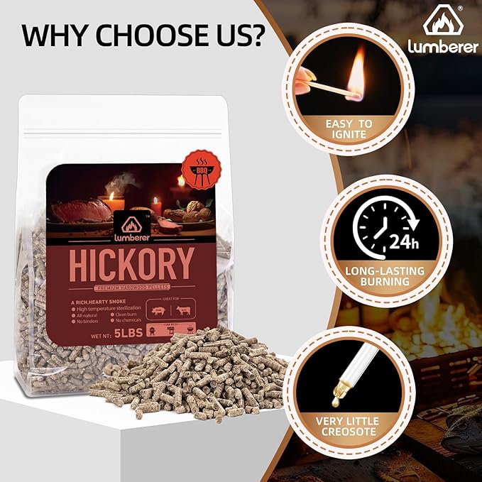 Lumberer Hickory Wood Pellets – Bold Smoky Flavor for Beef & Pork – 5LBS High-Heat BBQ Pellets, Clean Burn & Chemical-Free
