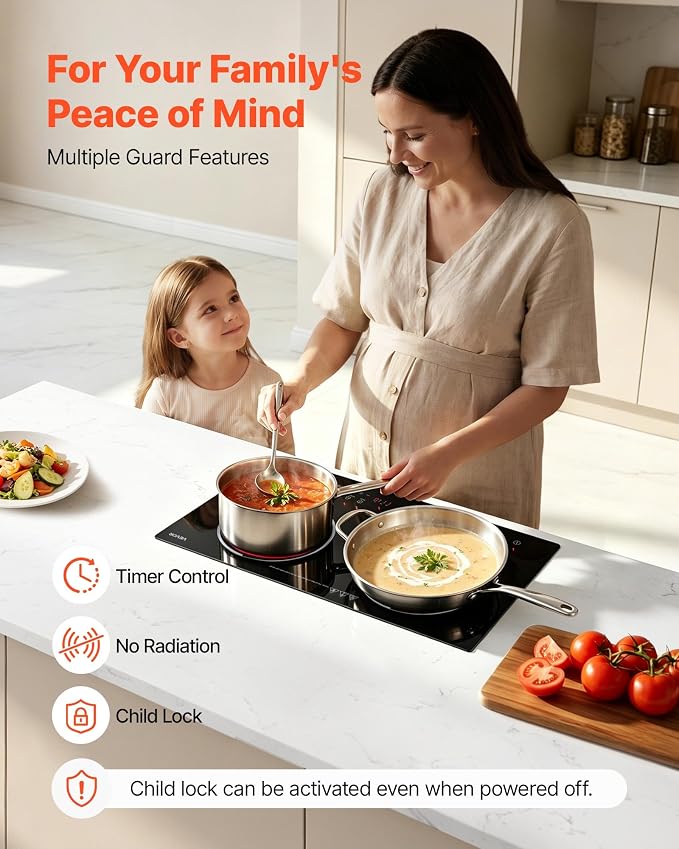VEVOR Electric Cooktop 24inch 2 Burners Portable Stove Top 1800W 120V, Ceramic Countertop/Built-in Radiant Electric Stove, with 9 Power Levels, Timer, Child Lock, Over-Heat Guard, Touch Control
