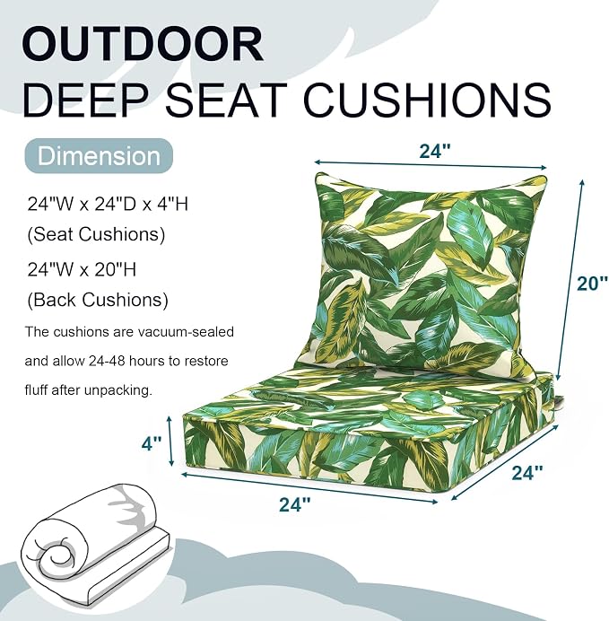 DYTXIII Outdoor Deep Seat Cushion Set, Water Repellent 24"x24" Patio Thick Cushions Replacement with Seat & Back Pillow for Patio Sofa, Wicker Chair, Couch - Lush Leaf Jungle