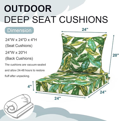 DYTXIII Outdoor Deep Seat Cushion Set, Water Repellent 24"x24" Patio Thick Cushions Replacement with Seat & Back Pillow for Patio Sofa, Wicker Chair, Couch - Lush Leaf Jungle