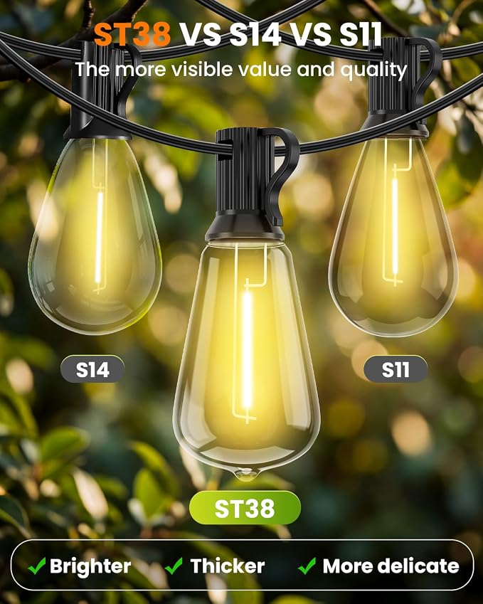 VOLIVO 54FT ST38 Solar String Lights Waterproof Outdoor Patio Lights | with Remote & USB Port, 16+1 LED Shatterproof Bulbs, 8 Lighting Modes, Dimmable Solar Light for Camping Backyard Garden