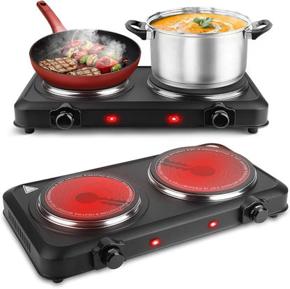 1800W Electric Stove Infrared Burner, Portable Double Burner Electric Cooktop with Stepless Temperature Adjustments, Counter Dual Stove with 7.5” Glass Cooktop for Home RV Camp Cooking