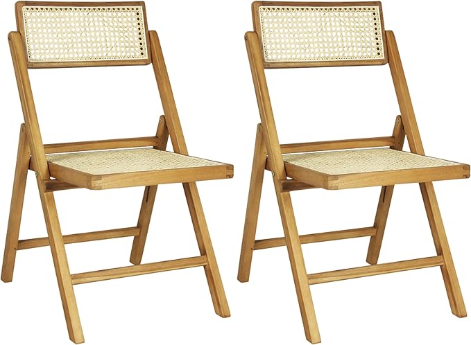 JONATHAN Y Theo Teak Wood and Rattan Folding Chairs, Set of 2, Light Brown | Woven Cane Seat And Back, Portable Lightweight Design, For Dining Room And Living Room, Mid-Century Vintage Bohemian Style