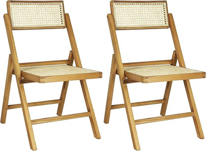 JONATHAN Y Theo Teak Wood and Rattan Folding Chairs, Set of 2, Light Brown | Woven Cane Seat And Back, Portable Lightweight Design, For Dining Room And Living Room, Mid-Century Vintage Bohemian Style