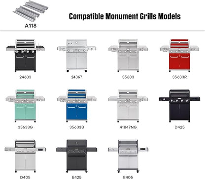 Monument Grills Stainless Steel Heat Plates, Replacement Grill Heat Plate Shield, Flavorizer Bar, Flame Tamer for 4-Burner Grills Model 24367 35633 41847NG D405, Burner Cover A118
