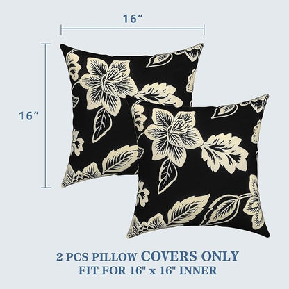 LVTXIII 2 Pack Outdoor Throw Pillow Covers for Patio Furniture, 16x16 Inch Square Pillow Case, Water-Repellent Cushion Covers for Garden, Porch, Sofa, Elegant Vines Black
