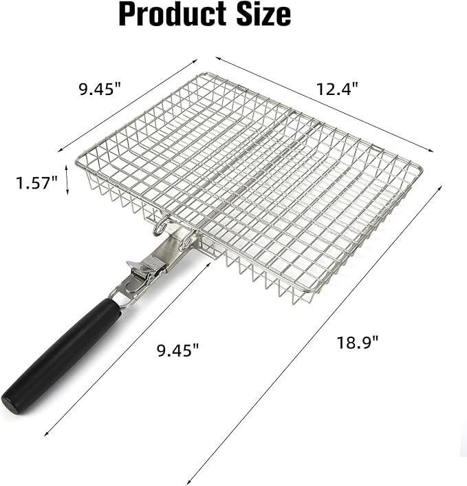 Grill Basket for Outdoor with Removable Handle,Stainless Steel BBQ Camping Cooking Accessories Tools for Meat Steak Fish Vegetable Shrimp, Gifts for Men Dad Husband