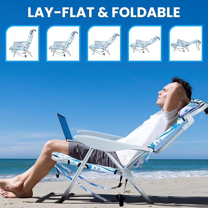 Portable Beach Chair for Adults, Outdoor Camping Chair Lay Flat Folding Backpack Beach Reclining Chair with 5 Positions, Headrest, Cup Holder, Heavy Blue Coconut Tree