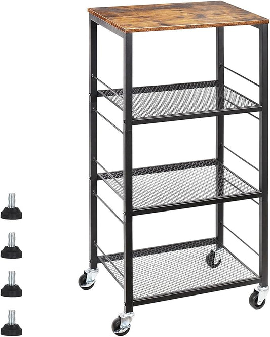 Kitchen Baker's Rack Microwave Cart 4-Tier Island Serving Bar Cart on Wheel Industrial Wood End Side Table Storage Trolley Rack for Bedside Bathroom and Office