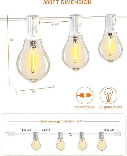 Outdoor String Lights White 300FT Waterproof Lights for Patio Wedding Porch | 2FT Bulbs Apart, 3x100FT Connectable White Outside Lights with 156 Shatterproof Dimmable Edison Bulbs for Garden Bistro Party