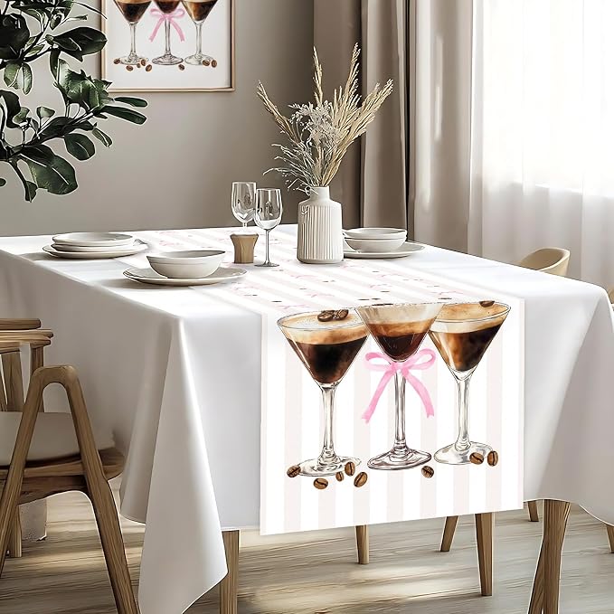 Espresso Martini Theme Table Runner, Martini Lovers Linen Fabric Table Runner for Everyday Use 72 x 13 Inches, Washable Table Cover for Indoor Outdoor Kitchen Dining Table Home Decor