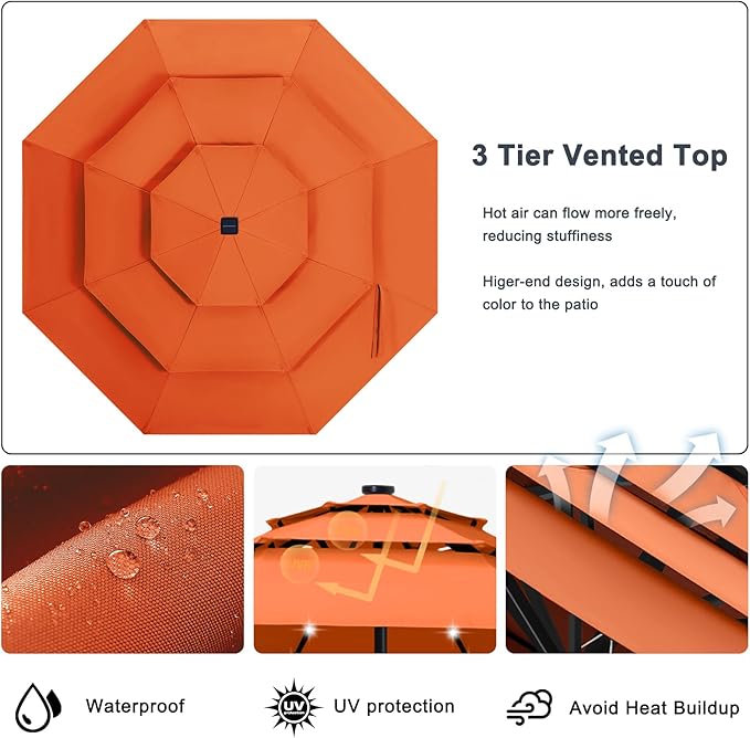 ABCCANOPY 3-Tiers 11FT Solar Patio Umbrella, Outdoor Umbrella with 32 LED Lights for for Deck, Pool, Garden, Backyard (Orange)