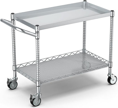 Utility Tool Cart with Wheel, 45In Large Rolling Utility Carts with Handle | 2 Tier Heavy Duty Commercial Grade Metal Serving Storage Carts for Warehouse Garage Kitchen, 25" D x 45" W x 40" H-Silver