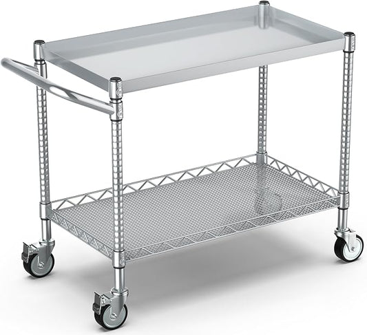 Utility Tool Cart with Wheel, 45In Large Rolling Utility Carts with Handle | 2 Tier Heavy Duty Commercial Grade Metal Serving Storage Carts for Warehouse Garage Kitchen, 25" D x 45" W x 40" H-Silver