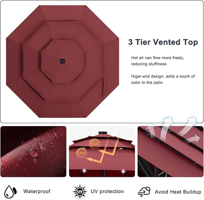 ABCCANOPY 3-Tiers 11FT Solar Patio Umbrella, Outdoor Umbrella with 32 LED Lights for for Deck, Pool, Garden, Backyard (Burgundy)