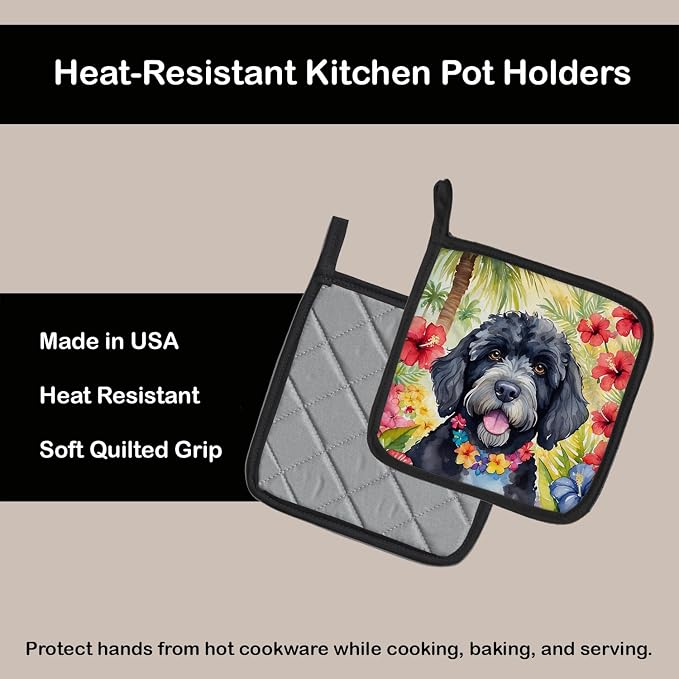 Caroline's Treasures Portuguese Water Dog Luau Pair of Pot Holders Kitchen Heat Resistant Pot Holders Sets Oven Hot Pads for Cooking Baking BBQ, 7 1/2 x 7 1/2