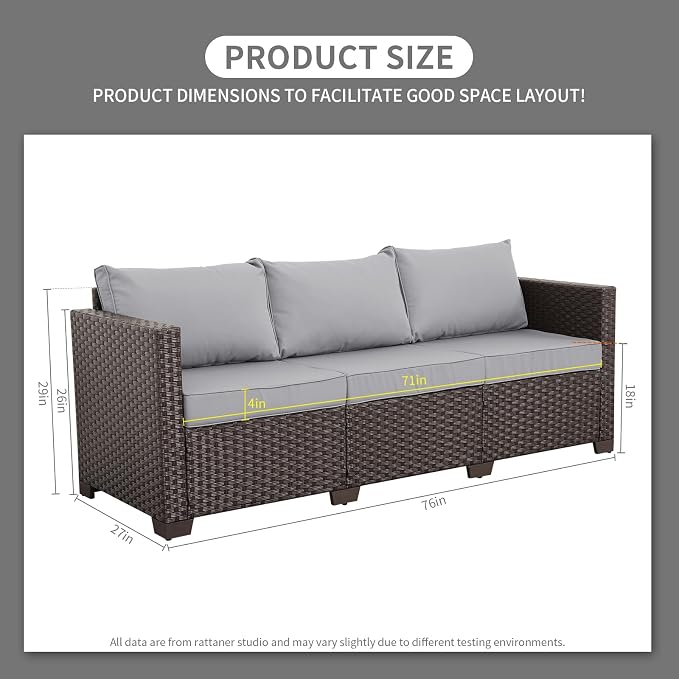 Rattaner Patio Furniture 3 Seat Sofa Outdoor Furniture Outdoor Couch Deep Seat High Backrest with Waterproof Cover Anti-Slip Cushions with Waterproof Cover, Light Grey