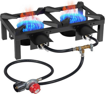 BESTFIRE Double Burner Propane Camping Stove with Independent Control Valves & 5PSI Hose - Heavy Duty Portable Outdoor Cooker for BBQ, Tailgating, and Camping