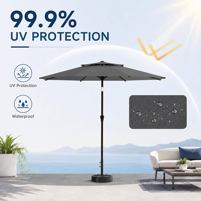 10FT Patio Umbrella, 2 Tier Outdoor Table Umbrella, Large Vented Market Umbrellas with Push Button Tilt and Crank, 8 Sturdy Ribs for Backyard, Deck, Pool, UPF50+ UV Protection