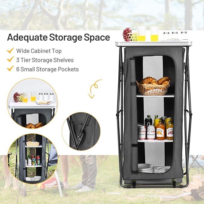 Giantex Folding Camping Storage Cabinet with 3 Shelves and Carry Bag, Portable Outdoor Organizer Kitchen Table, Quick Set-up for BBQ, Picnic, Backyard, Compact Pop-Up Cupboard, 47''H