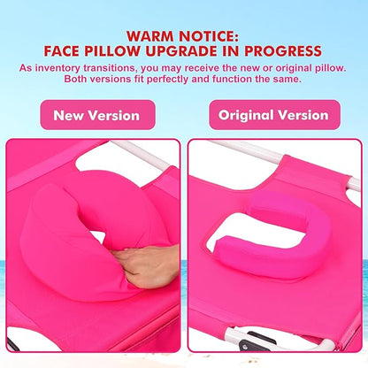 3 in 1 Women Comfort Backpack Beach Tanning Lounge Chair with Cushion Face Hole Softer Adjustable Washable, Layout Sun Chair for Adults Outside Reading Sunbathing Poolside, 6 Position, 2 Pack, Pink
