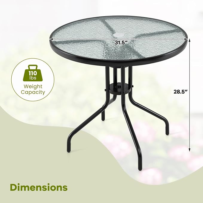 Giantex 31.5" Outdoor Bistro Table, Patio Round Dining Table w/Tempered Glass Tabletop & 2" Umbrella Hole, Heavy-Duty Metal Frame for Garden Yard Poolside Porch (31.5"x31.5"x28.5")