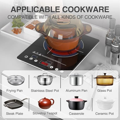 VBGK Electric Cooktop,110V Electric Stove Top,Single Burner LED Touch Control,9 Power Levels, Kids Lock &Timer,Overheat Protection,1800W Portable Induction Cooktop.