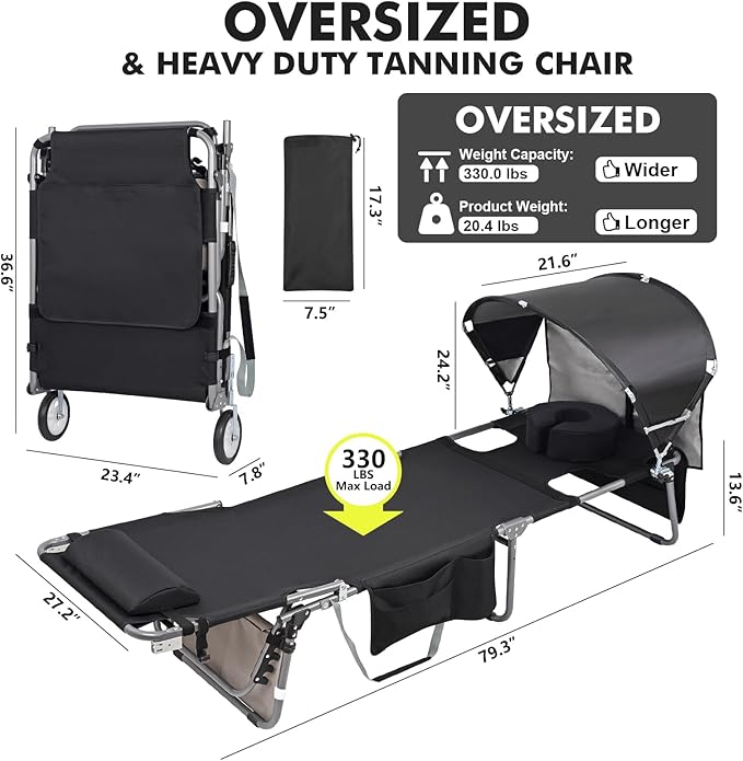 Wheel-To-Go Oversized Tanning Chair with Face Hole & Wheels | Portable Heavy Duty Folding Lounge Chair | Outside Sunbathing Reading Relaxing Beach Poolside Lawn | XL Wide | 330 LBS (Patent Design)