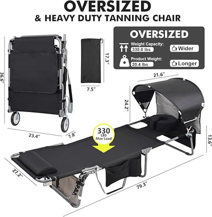 Wheel-To-Go Oversized Tanning Chair with Face Hole & Wheels | Portable Heavy Duty Folding Lounge Chair | Outside Sunbathing Reading Relaxing Beach Poolside Lawn | XL Wide | 330 LBS (Patent Design)