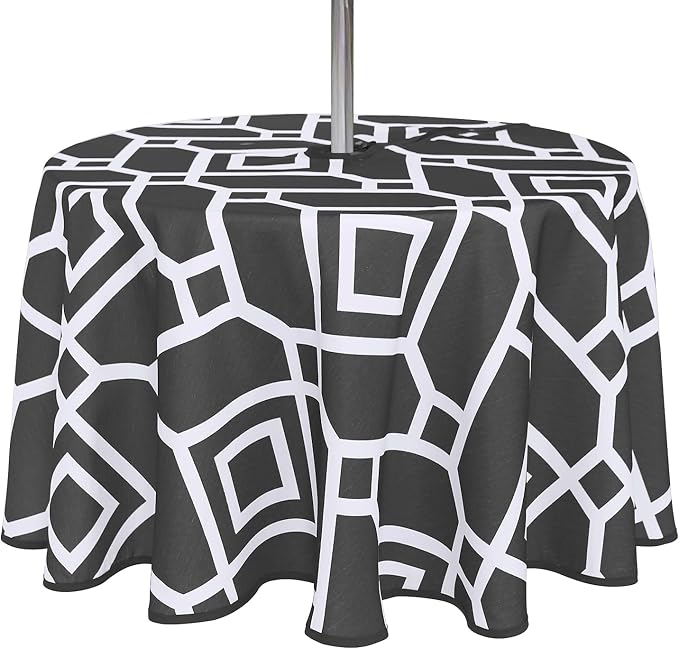 LUSHVIDA Moroccan Outdoor Round Tablecloth with Umbrella Hole and Zipper, 60 Inch Black, Waterproof Wrinkle Free Table Cloth Decorative Fabric Washable Table Cover for Patio, Party, Picnic