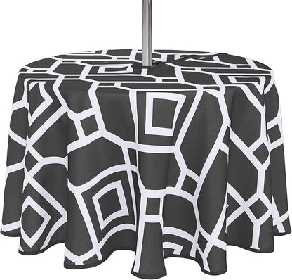 LUSHVIDA Moroccan Outdoor Round Tablecloth with Umbrella Hole and Zipper, 60 Inch Black, Waterproof Wrinkle Free Table Cloth Decorative Fabric Washable Table Cover for Patio, Party, Picnic
