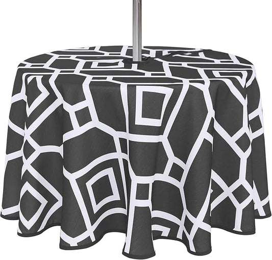 LUSHVIDA Moroccan Outdoor Round Tablecloth with Umbrella Hole and Zipper, 60 Inch Black, Waterproof Wrinkle Free Table Cloth Decorative Fabric Washable Table Cover for Patio, Party, Picnic