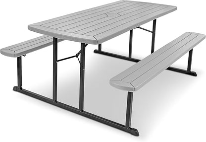 OEF Furnishings Heavy Duty Blow Molded Folding Picnic Table- Light Speckled Grey, Black Frame