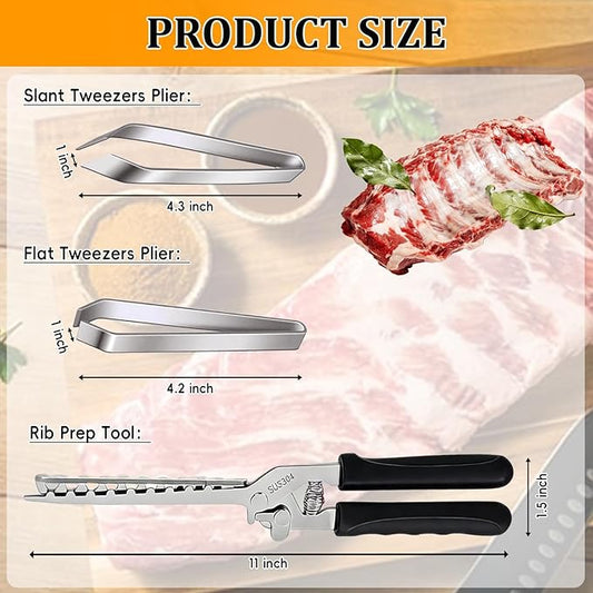 Stainless Steel Rib Membrane Remover – BBQ Rib Prep Kit with 2 Tweezers & Gloves – Effortless Ribs Skin Removal Tool for Chefs, Grilling & Home Cooking
