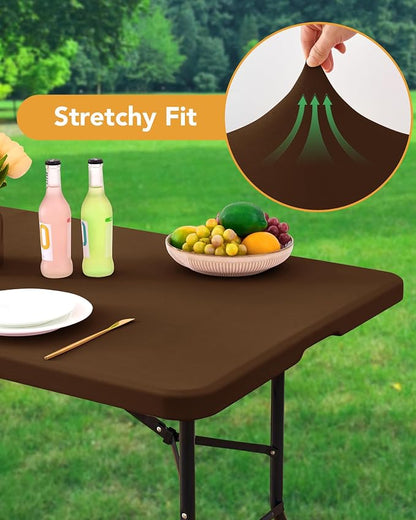 Fitted Tablecloth Rectangle Table Cloths with Elastic, 6 ft, Brown, 6 Pack | For Outdoor Picnic Camping Party 6 foot Folding Spandex Table Covers, Water-Resistant, Windproof, Reusable, 72"L x 30"W