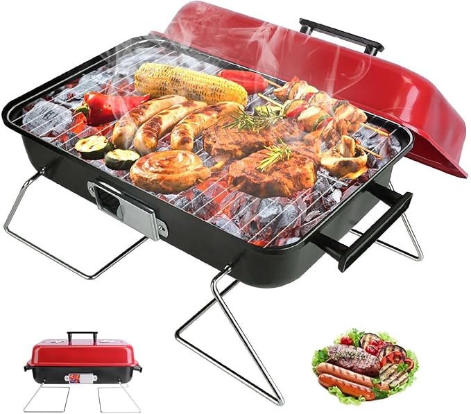 Portable Charcoal Grill for Outdoor Cooking - Small Tabletop BBQ Smoker Grill with Lid, Folding Design for Camping, Picnics, Beach, Backyard & Tailgating