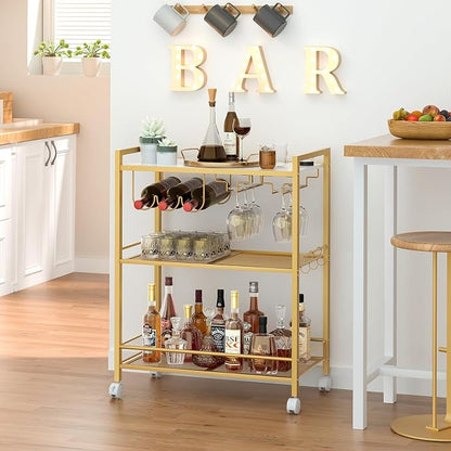 Joaxswe Bar Cart,3-Tier Home Bar Serving Cart with Lockable Wheels,Gold | Microwave Cart,Mobile Kitchen Shelf,Rolling Beverage Cart with Wine Rack and Glass Holder for Kitchen,Dinning Room